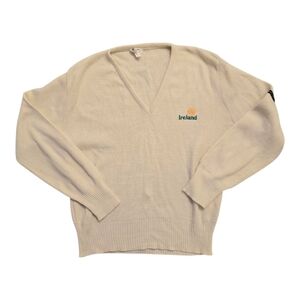 Vintage Cream Blarney Castle V-Neck Sweater with Ireland Embroidery
